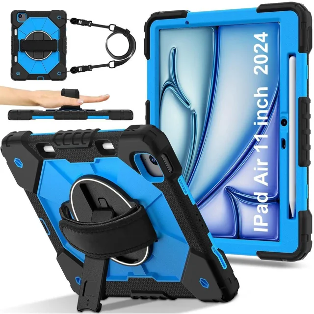 Case for iPad Air 11 Inch M3 2025 and M2 2024, featuring a heavy-duty shockproof design with a three-layer hybrid construction in black and blue. Includes a built-in 360-degree rotatable kickstand, hand strap, and adjustable shoulder strap for versatile use. Designed with a pencil holder supporting magnetic wireless charging. Precise cutouts provide easy access to buttons, ports, and camera. Suitable for various professional and travel scenarios.