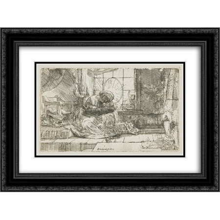 Rembrandt Cat Charm - Rembrandt 2x Matted 24x20 Black Ornate Framed Art Print 'The Virgin and the child with the cat and snake'