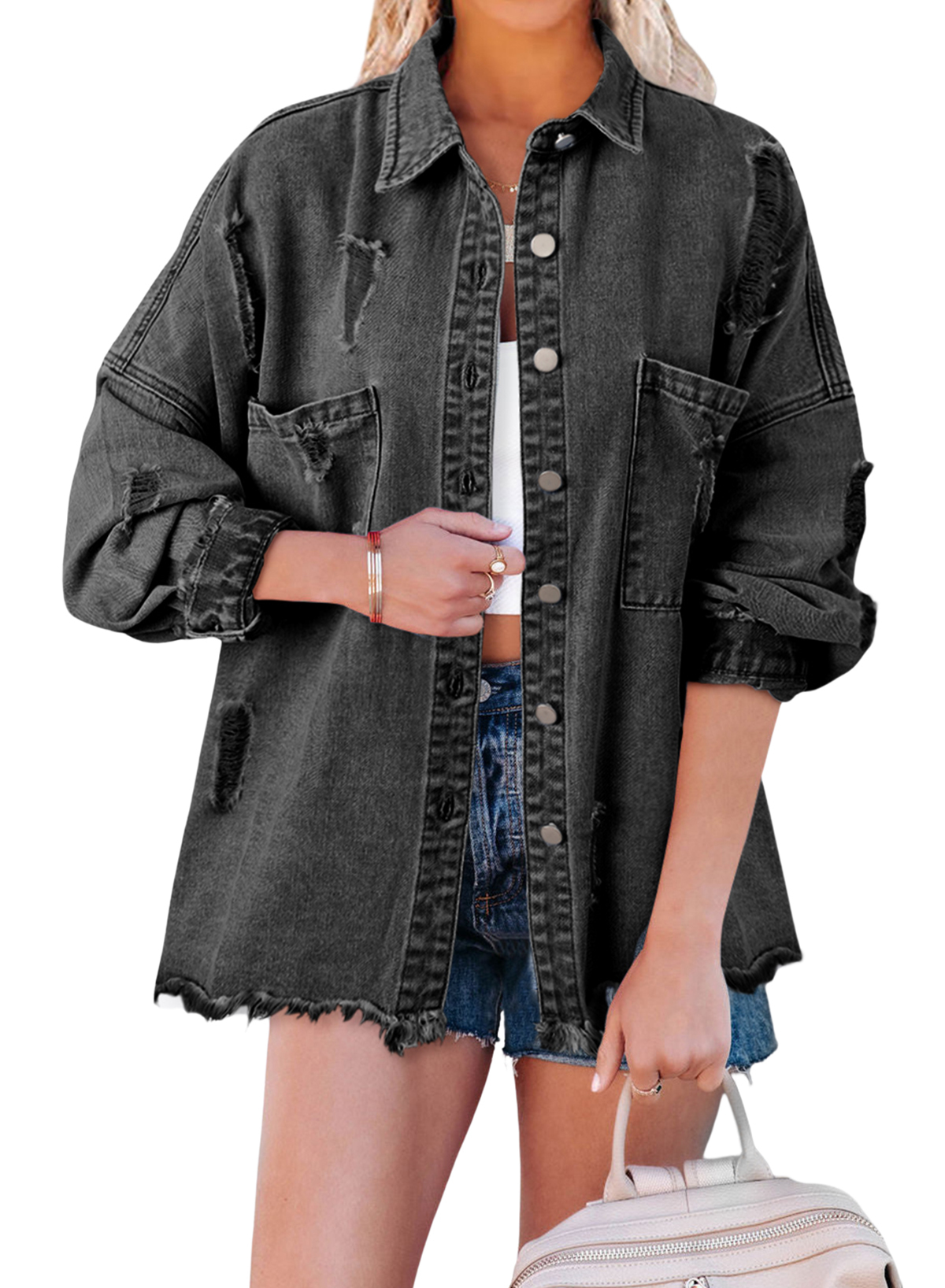 Asvivid Women's Denim Shacket Jacket Distressed Frayed Stretchy Ripped