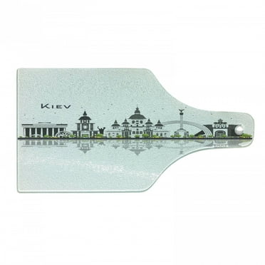 Travel Cutting Board, Modern Kiev Skyline with Iconic Landmark Buildings and Reflection, Decorative Tempered Glass Cutting and Serving Board, in 3 Sizes, by Ambesonne