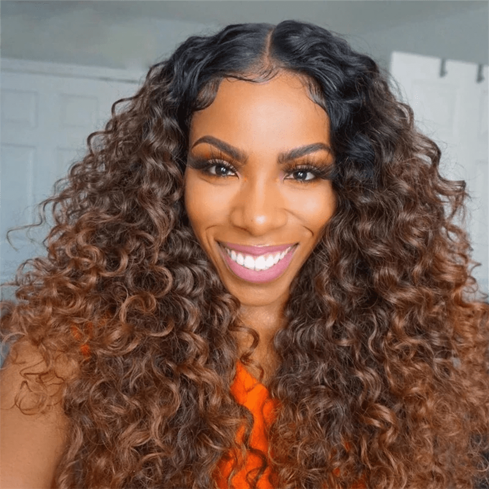 26 Inch Kinky Curly Glueless Ombre Brown Synthetic Hair 180%Density|Lace Front Wig | Preplucked Baby Hair & Heat Resistant | Daily Wig for Women)