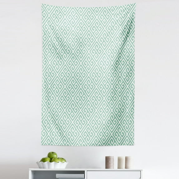 Greek Key Tapestry, Antique Labyrinth Motifs in Checkered Tile Composition Green and White, Fabric Wall Hanging Decor for Bedroom Living Room Dorm, 5 Sizes, Mint Green White, by Ambesonne