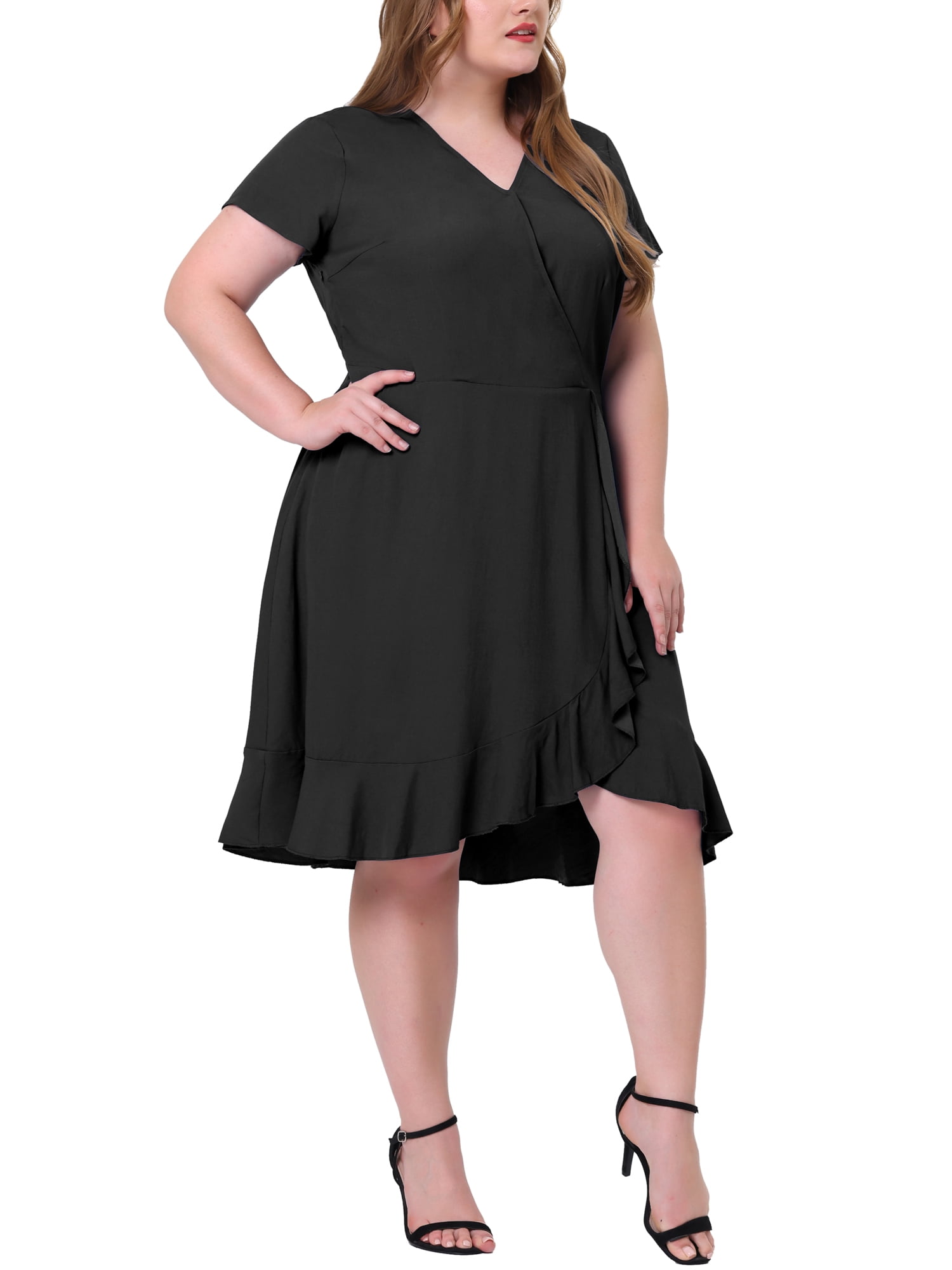 Unique Bargains Women's Plus V Neck Short Sleeve Elastic Waist Chic Solid Ruffle Hem Dress 3X Black