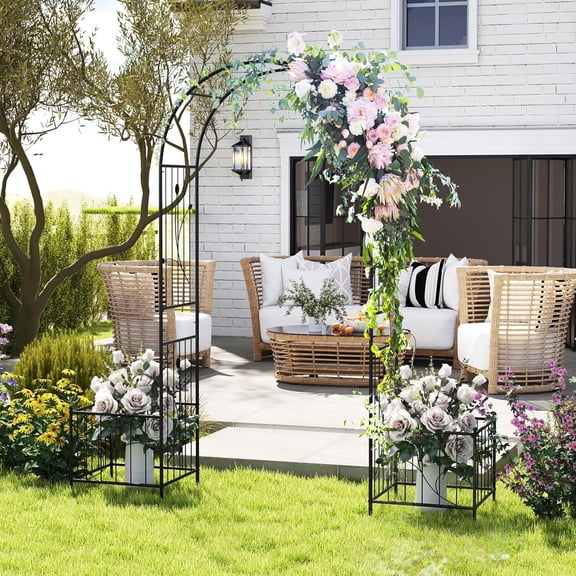 Moccha Garden Arbor with Planters - 86'' Metal Arbor Trellis for Climbing , Ivy, Vines, Outdoor Archway Pergola with 8 Ground Stakes, Garden Arch for Wedding Ceremony Decoration Lawn Patio
