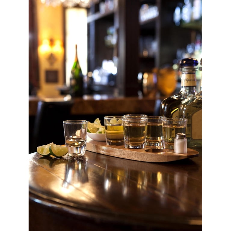LEGACY Cantinero Shot Glass Set With Tray - Acacia Wood, Holds 6 Glasses, Lime Dish & Salt Shaker - Tequilla Cocktail Serving Set