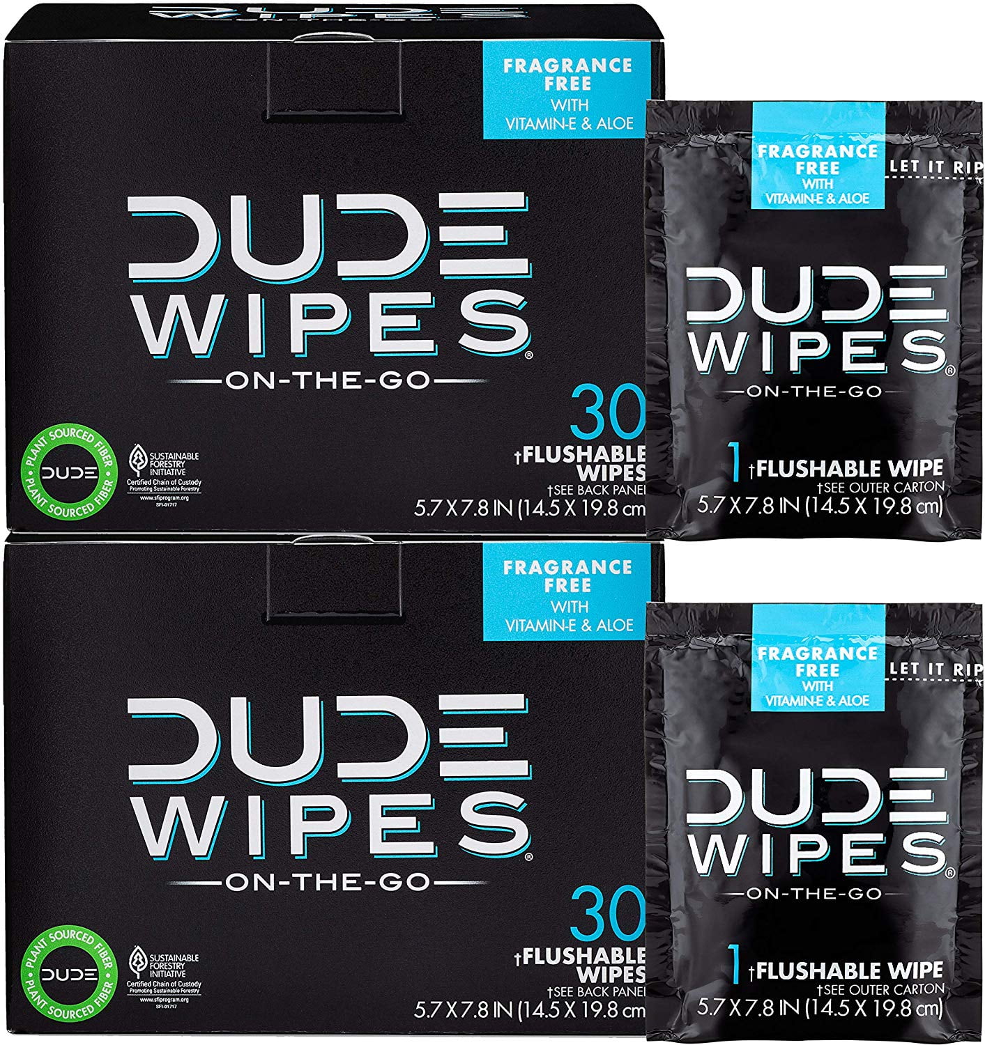 DUDE Wipes Flushable Wet Wipes (2 Packs, 30 Wipes Each) Individually Wrapped for Travel