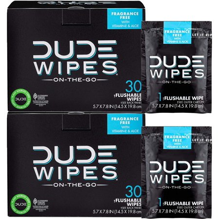 DUDE Wipes Flushable Wet Wipes (2 Packs, 30 Wipes Each) Individually Wrapped for Travel, Unscented with Aloe & Vitamin E, Sewer and Septic Safe