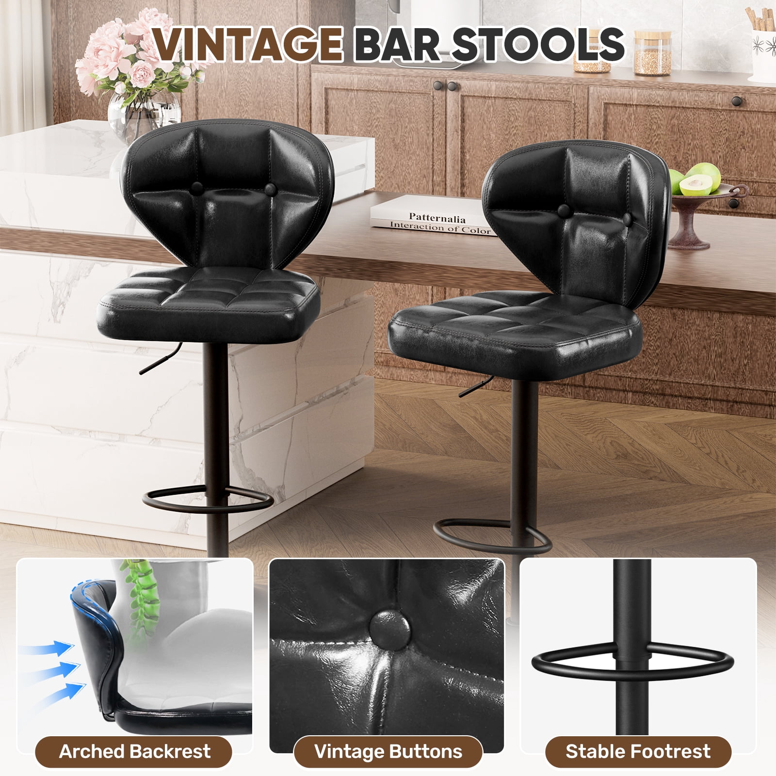 Hawsaiy Vintage Style Leather Bar Stool Set of 4 with Button-Tufted Design,Black