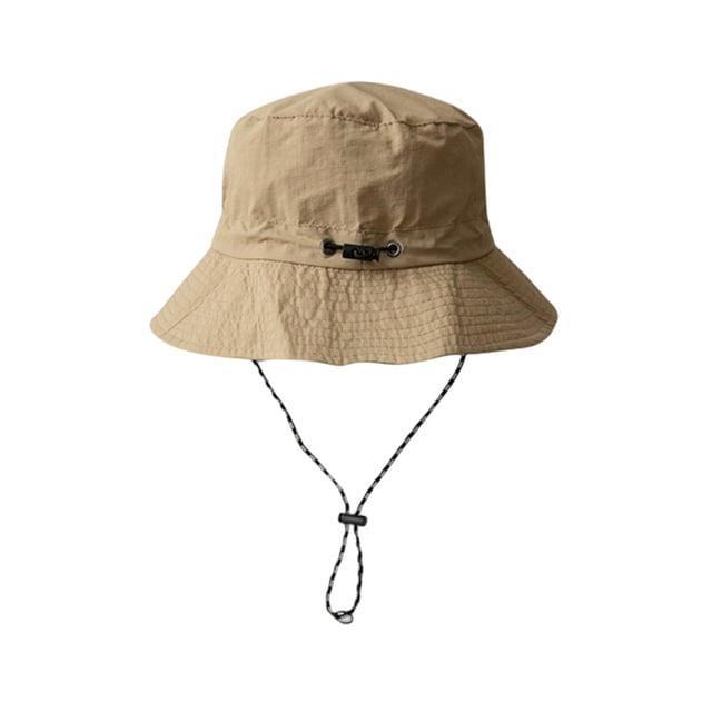 minnieouse sombrero de cubo caqui plegable para acampar y pesca, nylon duradero, talla aprox. 56–58 cm (22–22.8 pulg.), ala ancha con costuras visibles, cordón ajustable con tope y ojales frontales para ventilación; también suele usarse como gorra ligera para excursiones.