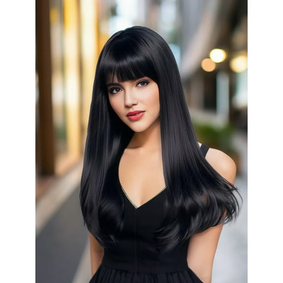 Medium-length wavy straight hair fully machine-made wig 26 inches natural black Heat-resistant fiber high-temperature silk wig dyeable and soupable bangs synthetic wig.