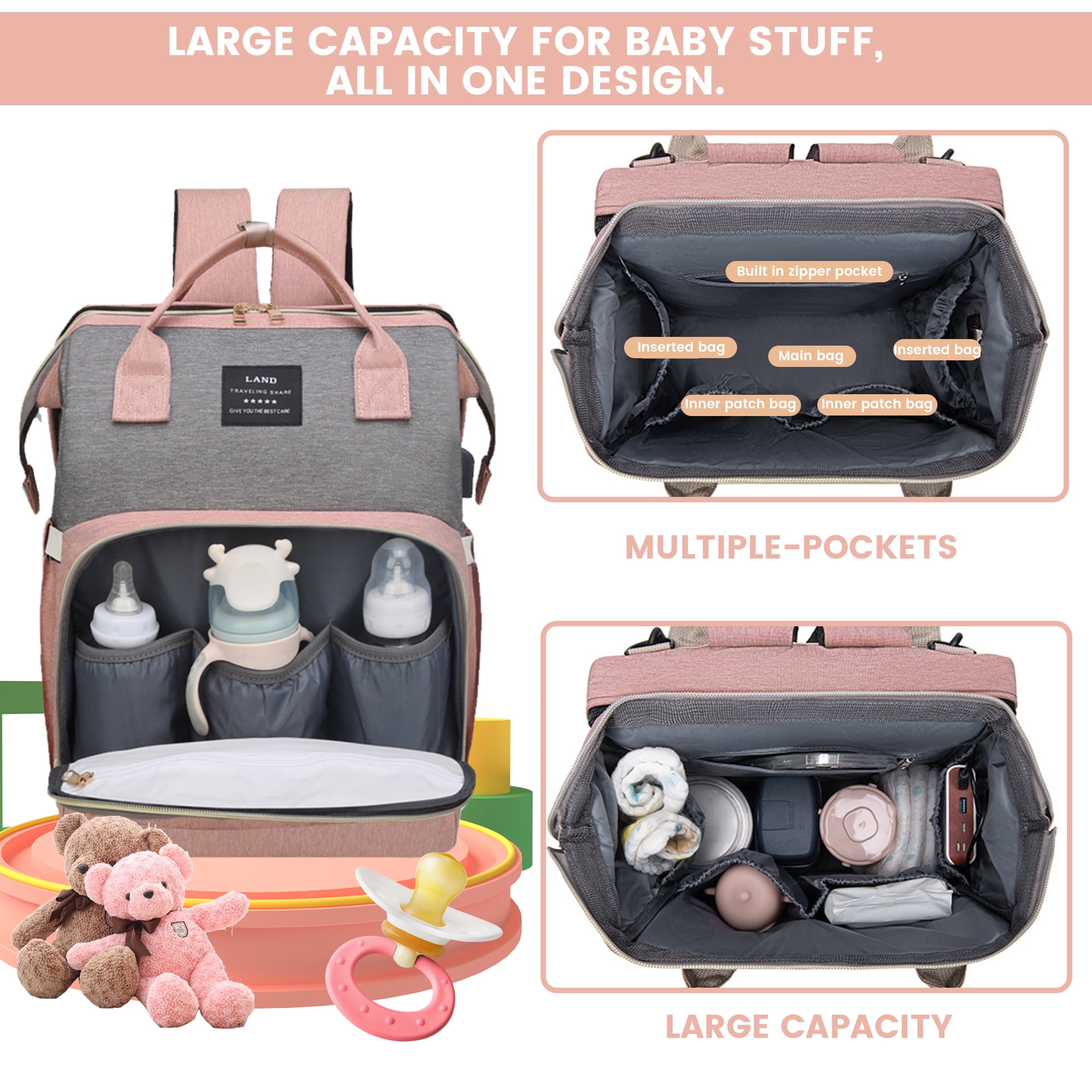 Diaper Backpack, Baby Diaper Bag Backpack for Boys& Girls, Large Capacity Baby Changing Bag w/ Foldable Crib & Insulated Milk Bottle Pocket - Waterproof and Stylish (Pink)