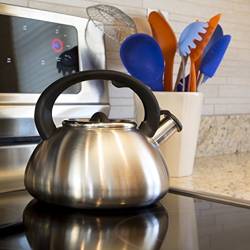 and Stay-Cool Handle Stainless Steel Brushed Stainless Steel Whistling Spout Locking Spout Cover 2.5 Quarts Primula Avalon Whistling Kettle 