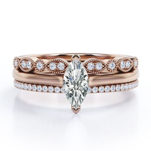 JeenMata Juego de Pavé de 2 Puntas - Corte Marquesa 1,25 ct - Filigrana Milgrain Art Déco - Anillo de Compromiso Solitario - Juego de Trío de Anillos Nupciales - Baño de Oro Rosa 18 K sobre Plata