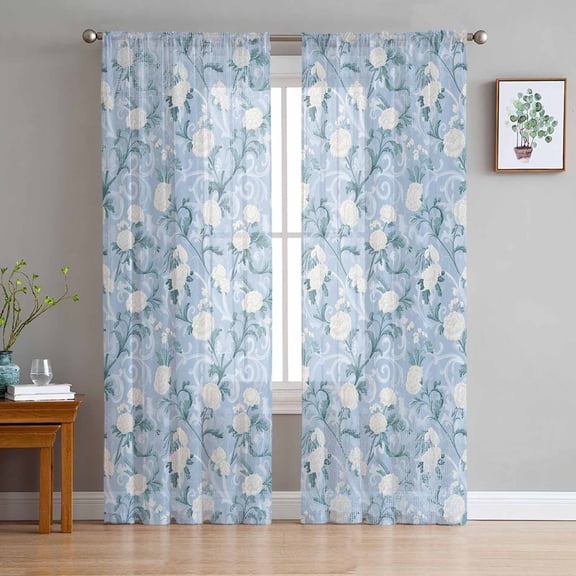 Blue Flowers Sheer Curtains 84 Inches Long 2 Panels Set, Window Sheer Curtains for Living Room/Bedroom, Farmhouse Botanical White Floral Leaves Light Filtering Rod Pocket Curtain 52'' x 84'' x 2