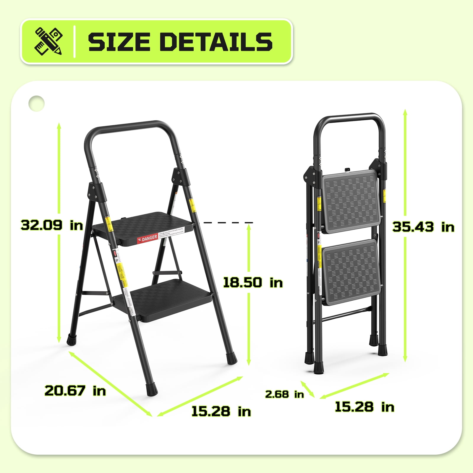 LevLad 2 Step Folding Ladder, Sturdy Steel Step Stool with Handrail & Auto Safety Lock, Ideal for Kitchen, Garage & Outdoor, Black
