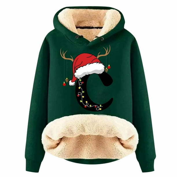 WILLBEST Sudaderas para Mujer, Sudadera con Capucha Estampada con Letras Navideñas, Lana Gruesa, Cálida para Invierno, Estilo Pullover, Sudadera de Moda Grande