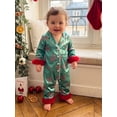 thumbnail image 5 of Cjfdfy Newborn Baby Girls Boy Satin Christmas Pajamas Clothes Santa Bow Print Long Sleeve Fuzzy Trim Button Jumpsuit Cute My First Christmas Fall Winter Sleepwear 0-18M, 5 of 9
