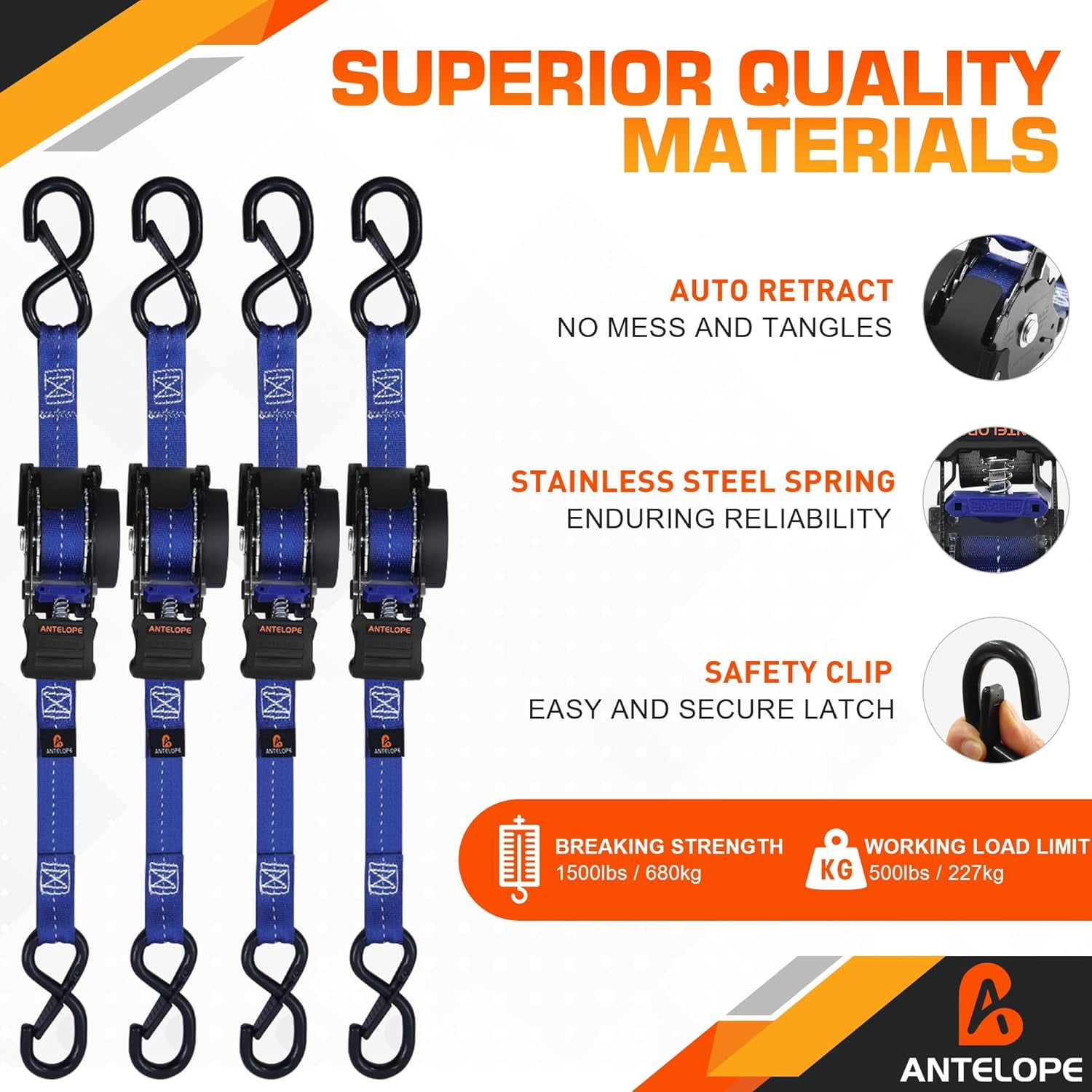 A ANTELOPE 4-Pack Heavy Duty Auto Retractable Ratchet Tie-Down Straps, 1" x 12' 1500LBS Breaking Strength, Weather Resistant S-Hooks for Cargo Securing, Blue