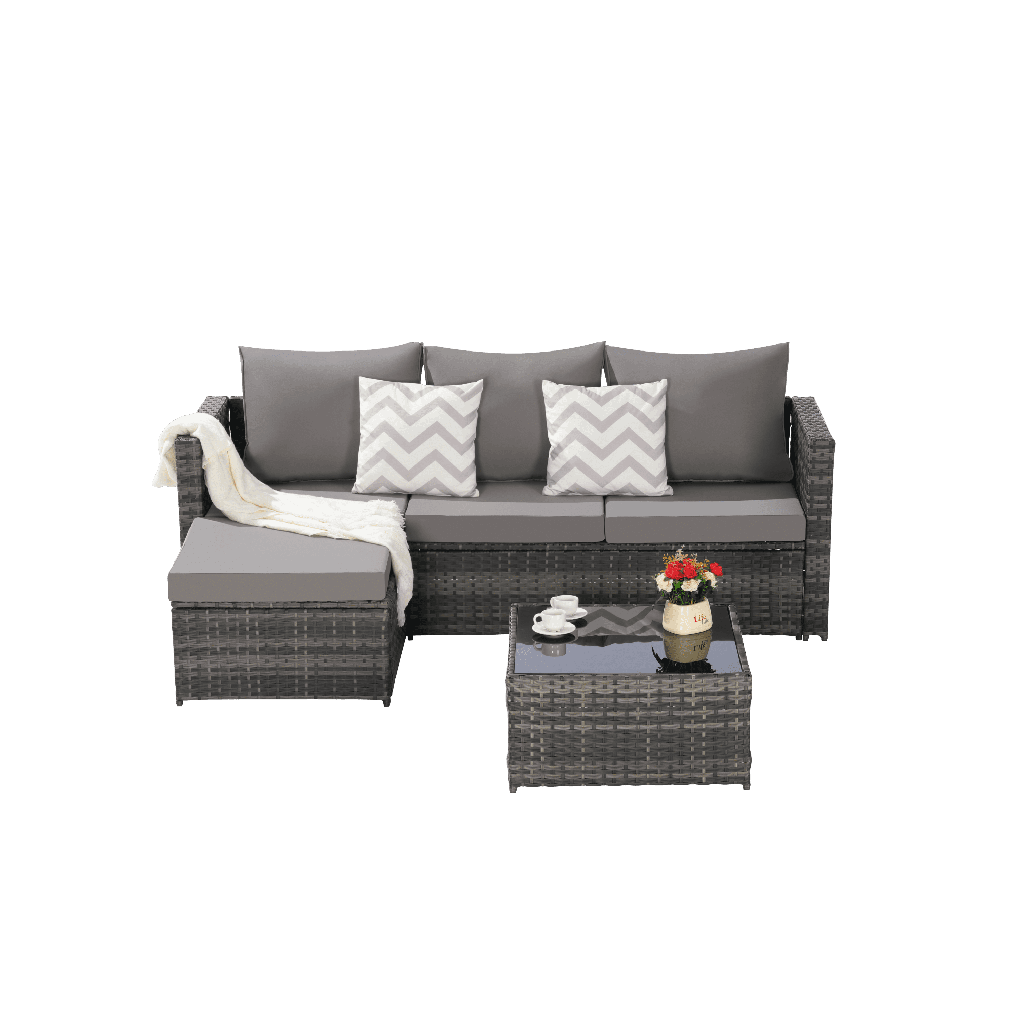3 Pieces Patio Furniture Set,All-Weather Outdoor Woven Sectional L- Shaped Sofa with Ottoman,Wicker Conversation Set with Tempered Glass Coffee Table for Backyard Poolside,Dark Gray