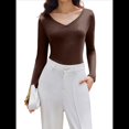 thumbnail image 1 of Camiseta Básica Ajustada de Punto Acanalado con Cuello en V y Larga para Mujer Marrón XXL, 1 of 7