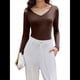 thumbnail image 1 of Camiseta Básica Ajustada de Punto Acanalado con Cuello en V y Larga para Mujer Marrón XL, 1 of 7