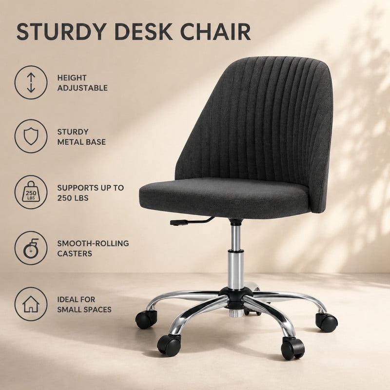 BEAUTYPEAK Armless Vanity Chair Adjustable Swivel Fabric Desk Chair with Padded Seat Wheels Mid-Back Office Chair, Dark Gray