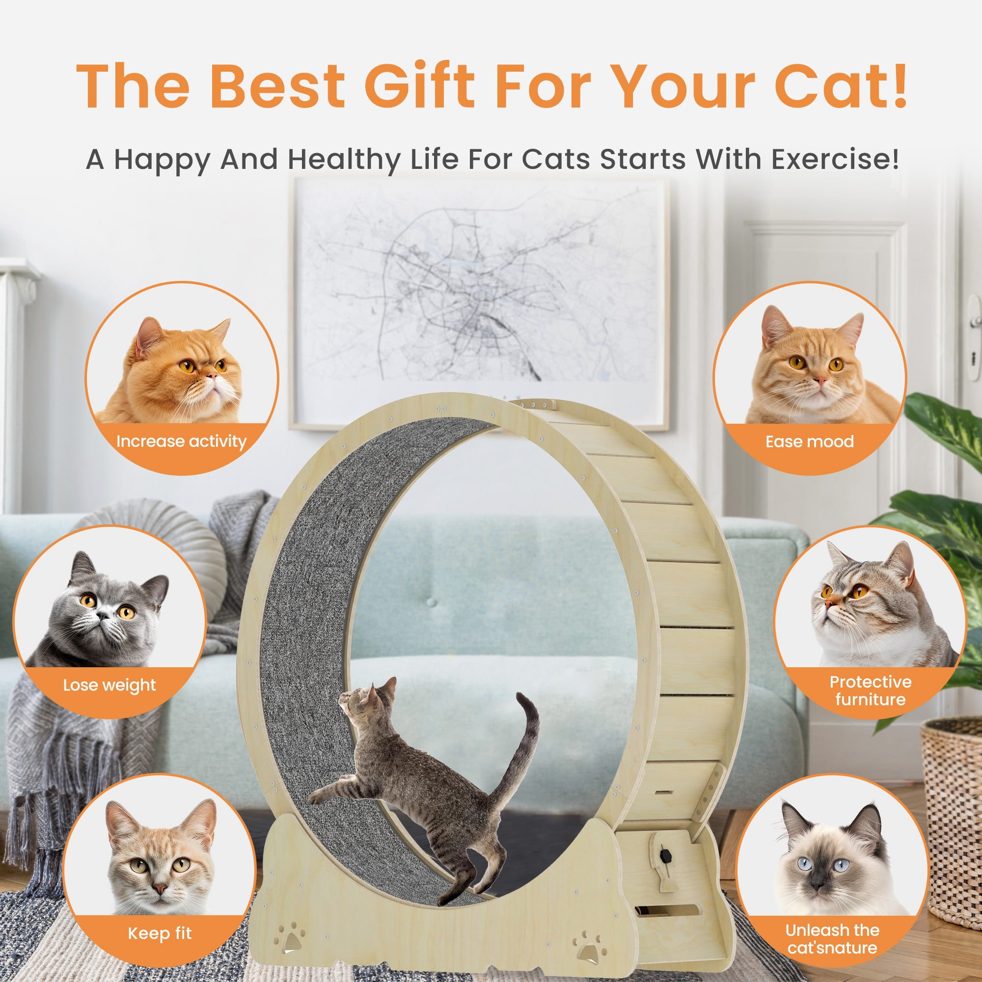 Kadyn 41" Cat Exercise Wheel for Indoor Cat, Large Cat Running Wheel with Carpeted Runway, Cat Treadmill Wheel for Kitty’s Longer Life, Cat Wheel for Fitness Weight, Beige
