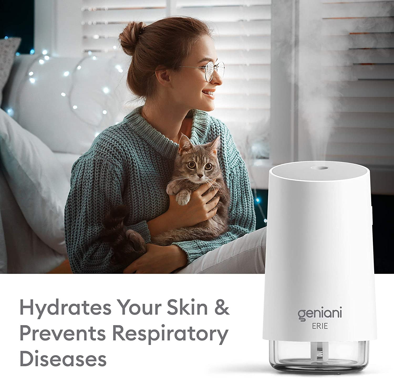 Geniani Mini Cool Mist Humidifiers for Bedroom - Small Car Humidifier, 250ml (White)
