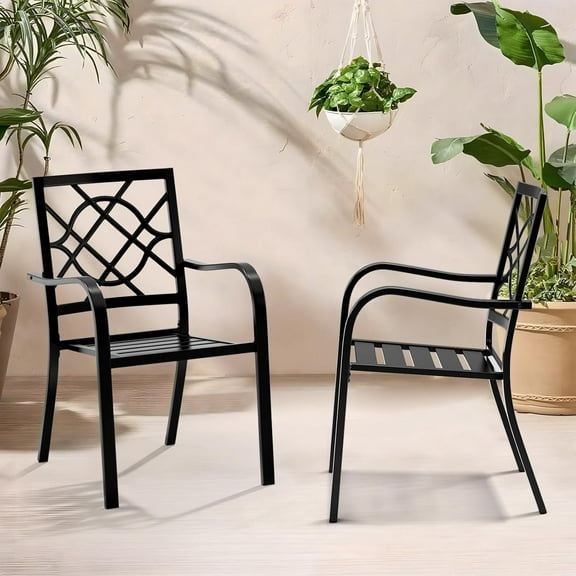 SUNCROWN Patio Metal Outdoor Dining Stackable Wrought Iron Porch Chair Set of 2, Black