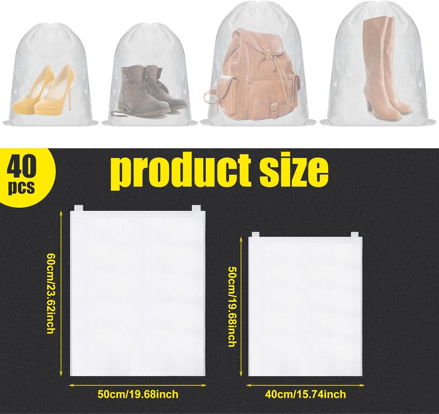 40 Pcs Dust Bags for Handbags Drawstring Dust Proof Purse Storage Bags, 2 Size Non Woven Breathable Fabric Shoes Pouch for Purse Backpack Boots Cloth Storage Travel Package Organizer, White
