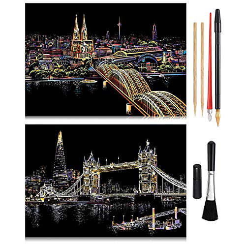 Sketch Pad DIY Night View Scratchboard for Kids & Adults Scratch Art Rainbow Painting Paper Scratch Painting Creative Gift Engraving Art & Craft Set Tower Bridge 16'' x 11.2'' with 3 Tools 