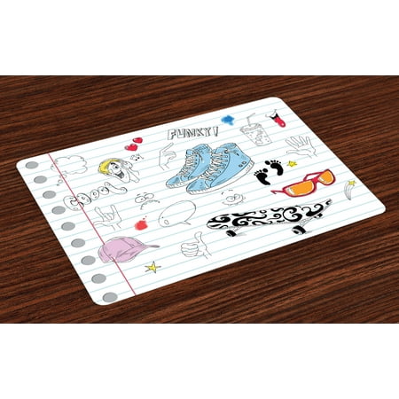 Doodle Placemats Set of 4 Notebook Design with a Variety Drawings Funky Skateboard Shooting Star, Washable Fabric Place Mats for Dining Room Kitchen Table Decor,Black Pale Blue Ginger, by