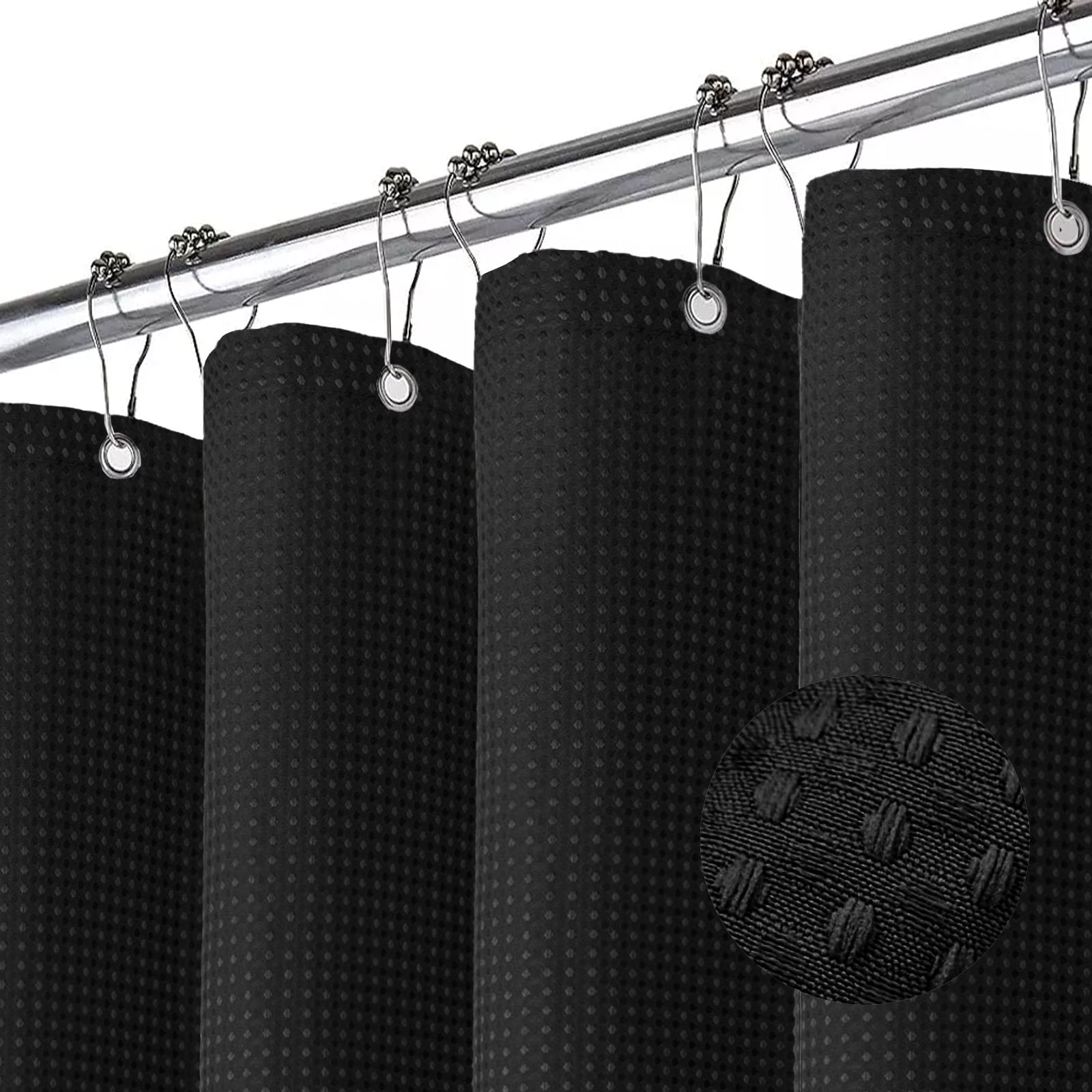 TURKIO Heavyweight Waffle Weave Fabric Shower Curtain,Water Repellent Hotel Grade Bathroom Curtain,Black,72" x 84"