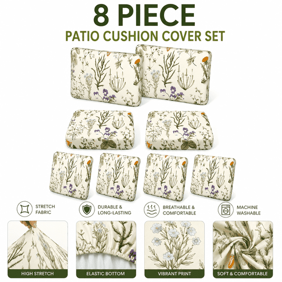 8 Pcs Summer Floral Stretch Patio Cushion Covers, Outdoor Sofa Seat Cushion Slipcovers, Tropical Flower Replacement Covers for Couch, Chair & Patio Furniture