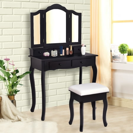 - Gymax Bathroom Vanity Jewelry Makeup Dressing Table Set With Stool 4 Drawer Folding Mirror Black