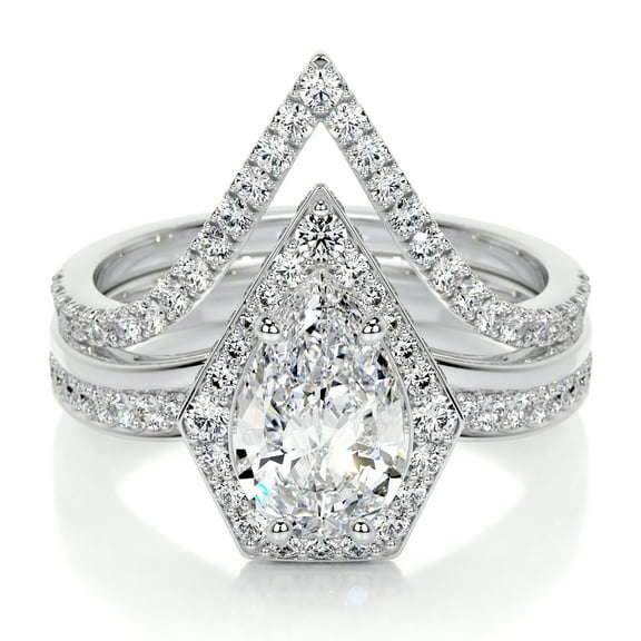 First Jewel White Gold Over 14K Silver Diamond Ring for Her - Pear Cut Excellent 2 Ct Diamond Ring - Eternity Diamond Ring for Her - Halo Diamond Ring for Women's - Anniversary Gift for Her