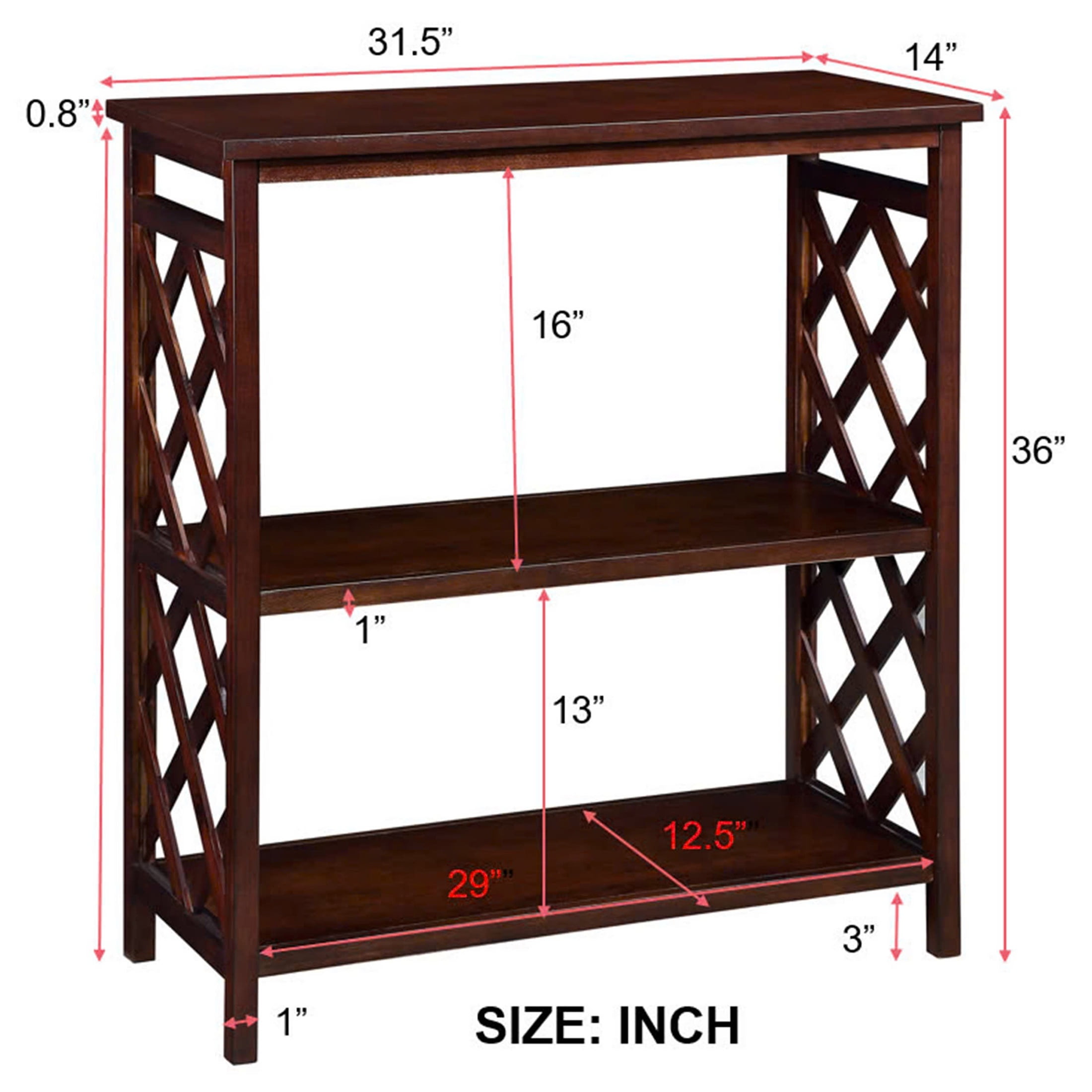 PORKISS 3-Tier Solid Wood Console Table, Entryway Table Hallway Table with Storage Shelves, Open Bookshelf Bookcase for Living Room, Foyer, Cherry