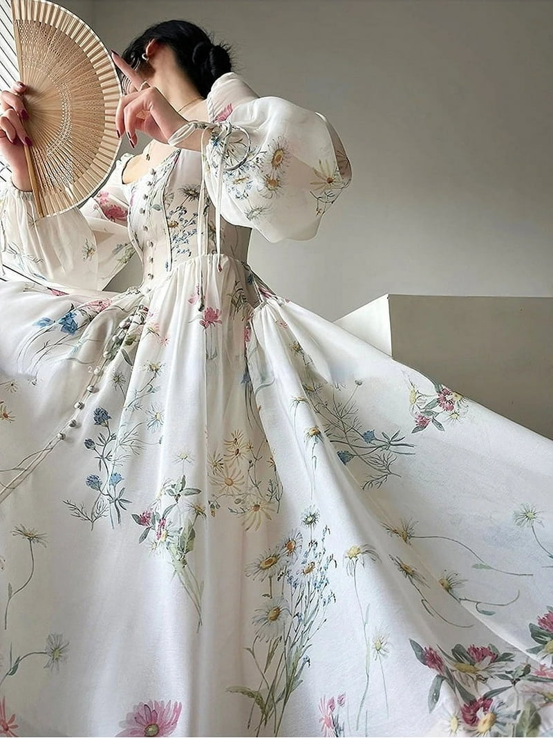 French Elegant Floral Midi Chiffon Long Sleeve Sundress