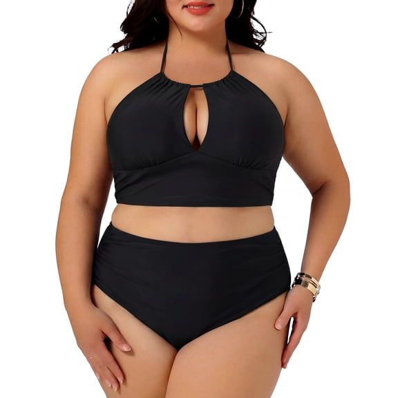 Agnes Orinda Women's Plus Size 2 Piece Swimsuits Polka Dots Halter Ruched Hollow High Waisted Solid Bathing Suits 1X Black