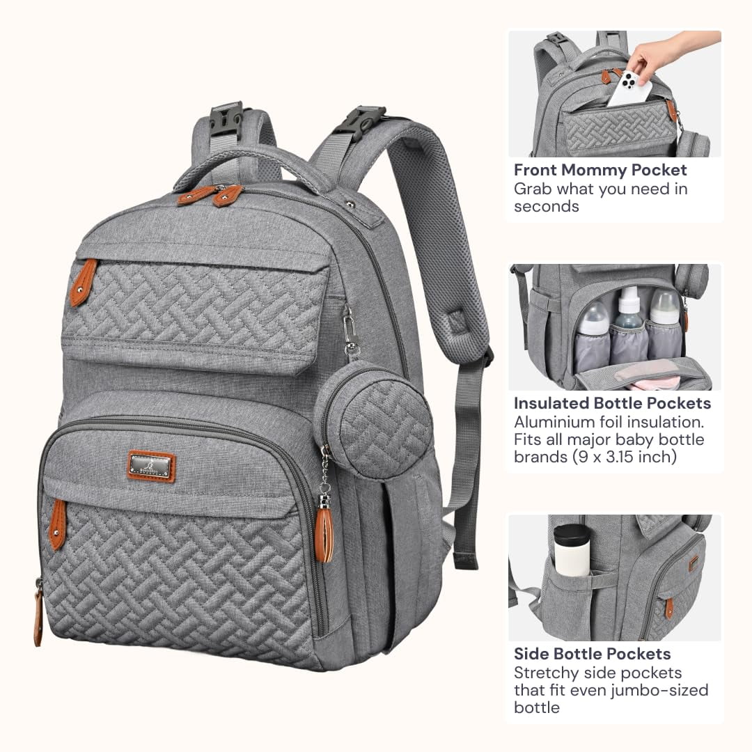 BabbleRoo Diaper Bag Backpack, Travel Backpack, Pacifier Case & Stroller Straps, Multifunction, Waterproof, Unisex – Light Gray