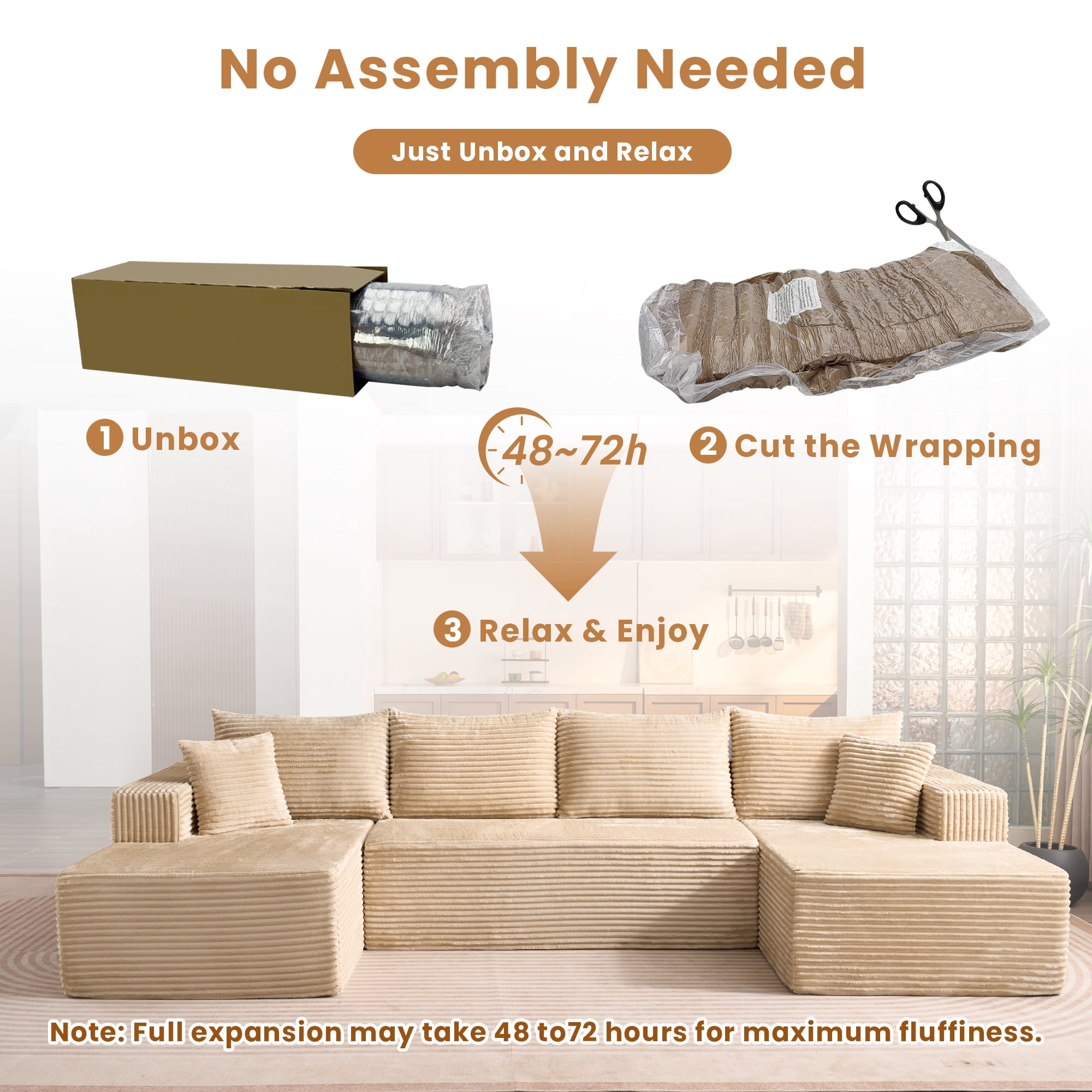 Toject 135" Modular Sectional Sofa, Cloud Modern Sleeper Couch with Chaise Lounge, No Assembly Required, U-shaped Plush Corduroy Sofa Couch for Living Room, Beige