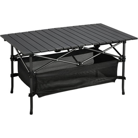 BAYUELSWU Folding Camping Table, Aluminum Camping Roll-Up Table Portable Beach Table with Storage Net & Carrying Bag for Outdoor, Picnic, Backyards, BBQ, Party (Black)