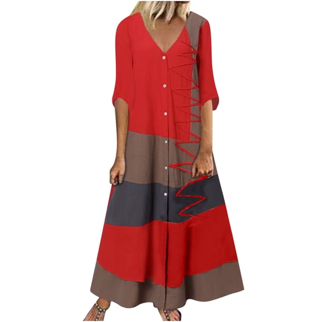 EQWLJWE Robes d'Été pour Femmes 2023 Mode Féminine Décontractée Manches Courtes Col en V Bouton Imprimé Maxi Robe Longue Ample