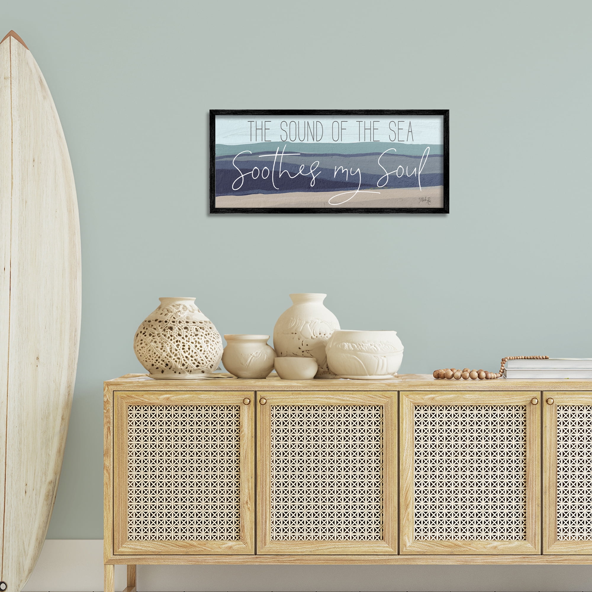 Stupell Industries Sound Of The Sea Coastal Painting Black Framed Art Print Wall Art, 30 x 13