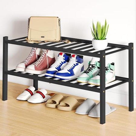 Shoe Rack 2 Tier Bamboo Shoe Organizer Stackable Free Standing Wooden Shoe Storage Shelf for Closet Entryway Front Door Entrance Black