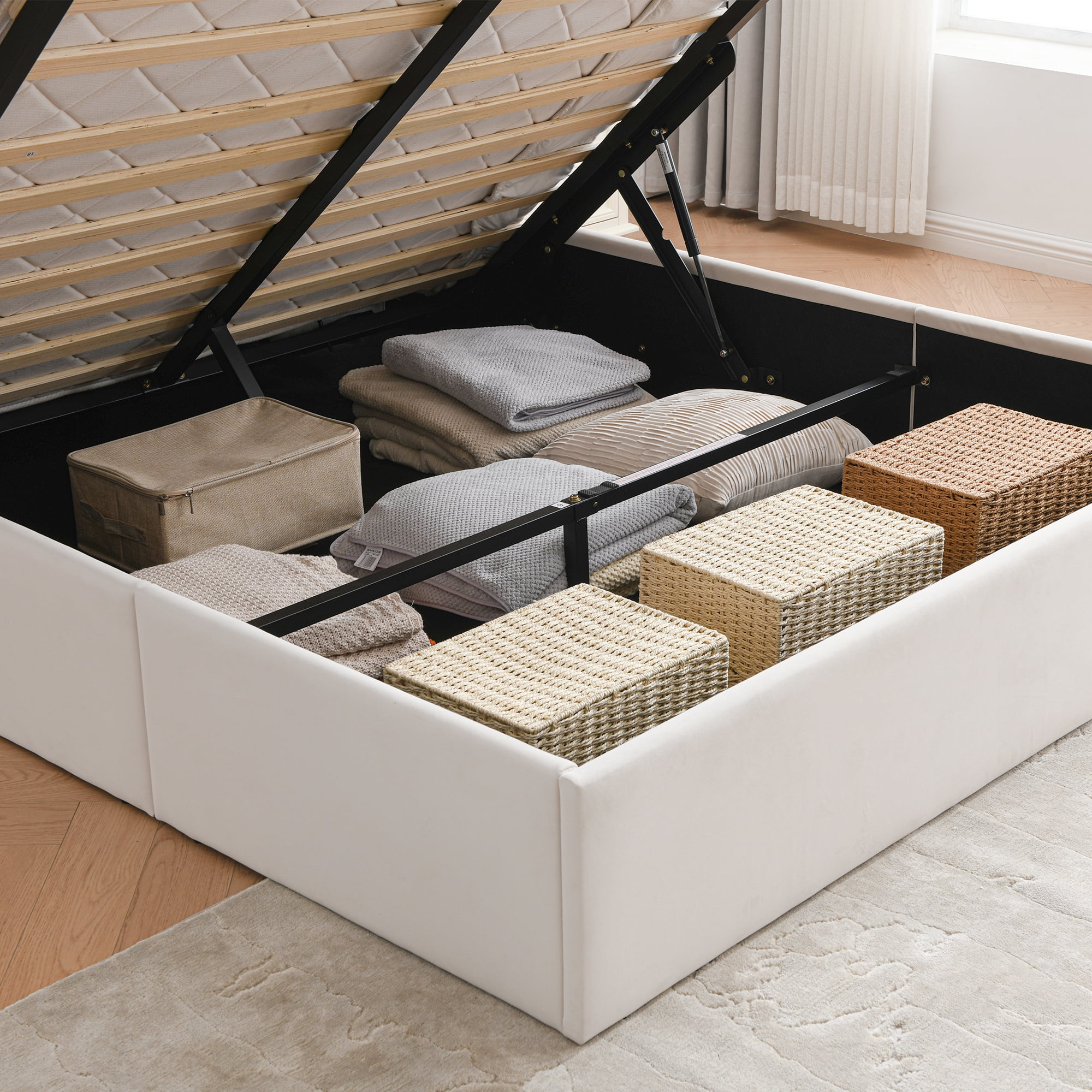 Lift Up Storage Bed Queen Size, Upholstered Platform Bed with Hydraulic Storage System & Wood Slats Support, Queen Bed Frame with Headboard, No Box Spring Needed, Easy Assembly,Cream