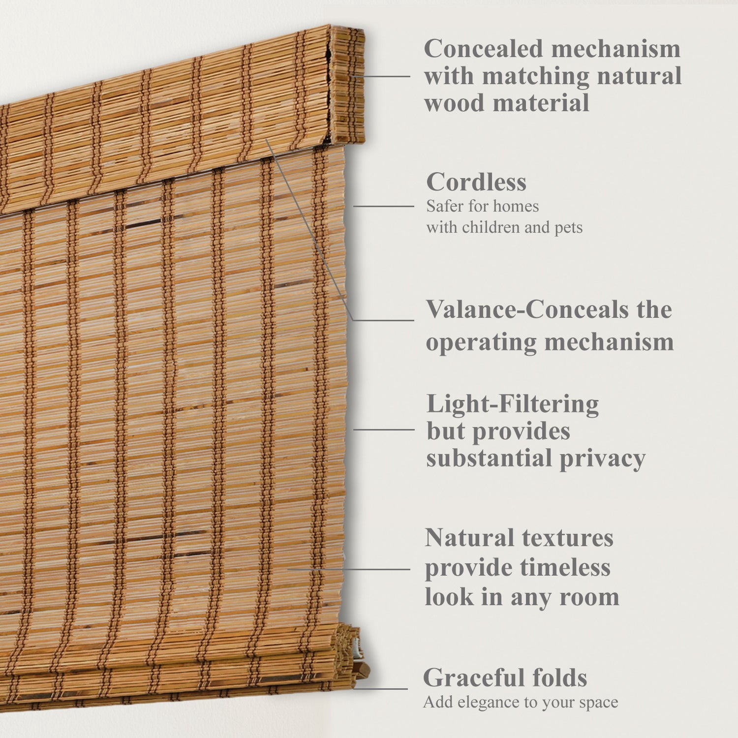 Natural Woven Light Filtering Cordless Bamboo Roman Shades for Windows, 33 in. W x 60 in. L, Camel