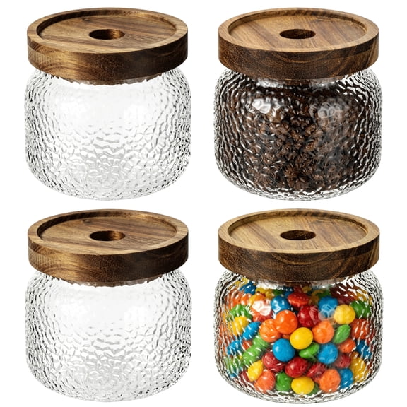 4 Pcs Tempered Glass Storage Jars with Wooden Lids, Small 10 Fl Oz Airtight Containers, Decorative Hammered Transparent Pantry Organizers for Coffee, Tea, Spices, Grains, Kitchen, Home Decor