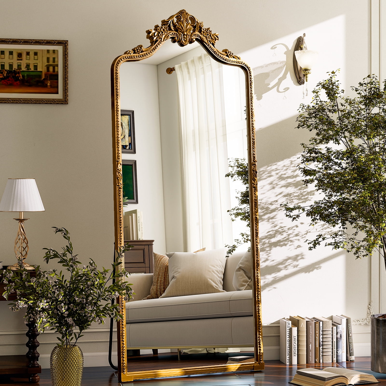 ‌Auromir‌ 28"x69" Antique Arched Full Length Mirror Baroque Style Floor Home Decor Mirror,Gold