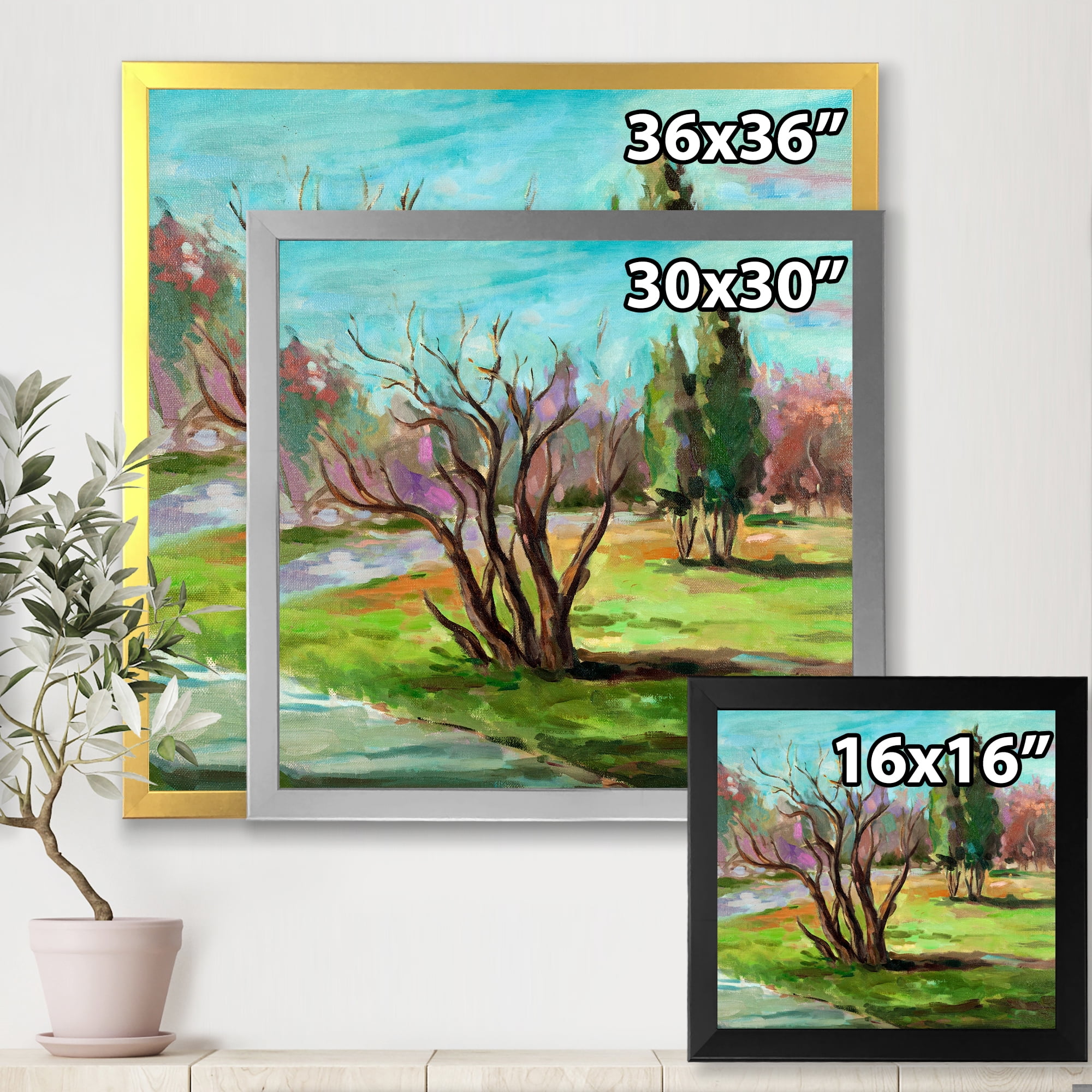 Designart 'Two Distant Trees In A Vibrant Green Landscape' Traditional Framed Art Print